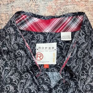 Roper Black Paisley Pearl Snap Button Down Shirt with plaid trim cuff and collar